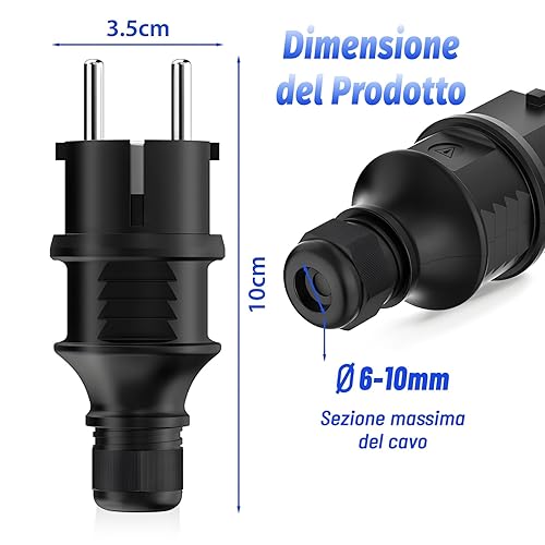 2 Pezzi Spina Schuko 250V 16A, Spina di Alimentazione del Contatto con Protezione Antipiega della Coppia, Maschio Spina Elettrica con Scarico della Trazione, Cavo Interno ed Esterno, Nero - Honorern