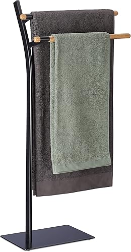 Relaxdays Piantana Portasciugamani da Bagno. Acciaio, 2 Bracci per Asciugamani, HLP: 88x46,5x20 cm, Nero Color Naturale, Legno - Honorern