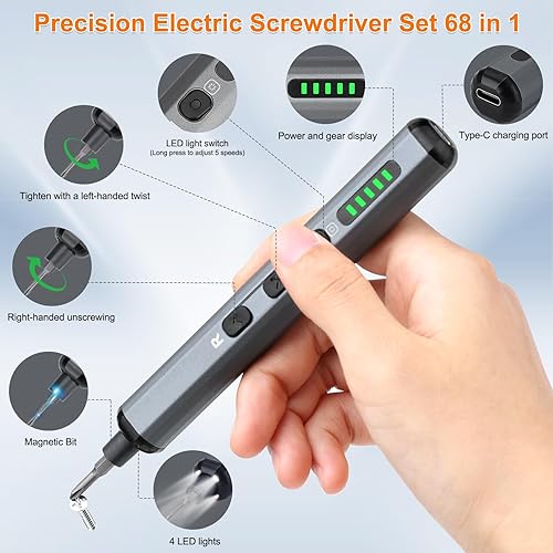 Yerbay Cacciavite Elettrico di precisione, set di Mini Cacciaviti Elettrici Magnetici 68 in 1,con 64 Punte Magnetiche S2,con luci LED a 5 Posizioni di Coppia,per iPhone, laptop, Occhiali e Orologi - Honorern