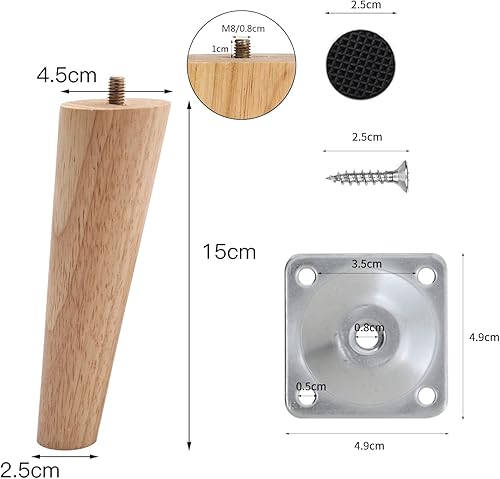 INMOZATA Piedini di ricambio per mobili in legno di quercia massiccio, affusolati, filettatura M8, piedini di ricambio per mobili, mobili, sedie, divani, tavoli, comodini (15 cm, colore naturale) - Honorern