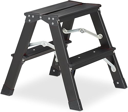 Relaxdays Scala in Alluminio, 2 Gradini, Pieghevole, Carico Fino 120 kg, Scaletta Bilaterale, Rialzo 39x38x40 cm, Nera - Honorern