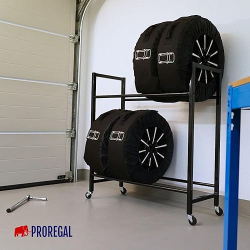 Scaffale per pneumatici CARRERO (altezza x larghezza x profondità) 104 x 55 x 40 cm, fino a 4 pneumatici su 2 livelli, colore nero, scaffale per officina, cantina - Honorern