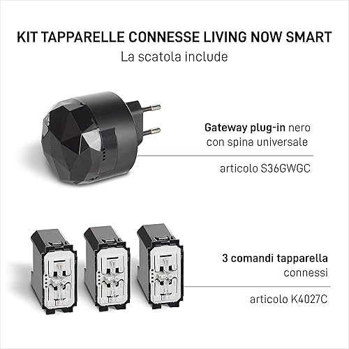 BTicino Kit Tapparelle Connesse Living Now Smart SKG3602KIT, Per Accendere/Spegnere Luci Tramite App o con Alexa, Google e Siri, 1 Gateway Plug-in Nero S36GWGC e 3 comandi tapparella connessi K4027C - Honorern