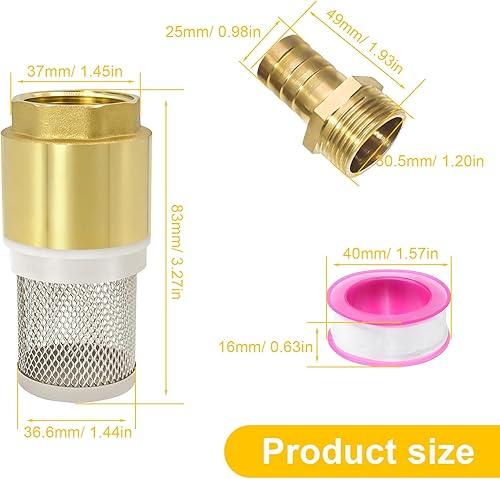Valvola di Non Ritorno Acqua, 1' Filtro di Aspirazione in Otton, Filtro in Acciaio Inox, Ottone Valvola di Fondo, con Attacco Maschio da 1' e Nastro Grezzo, per Tubo Aspirazione, Pompa - Honorern