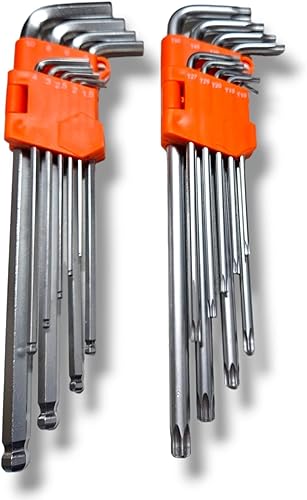 18 Chiavini lunghi 9 ball point + 9 torx con foro centrale acciaio cromo vanadio con 2 raccoglitori - Honorern