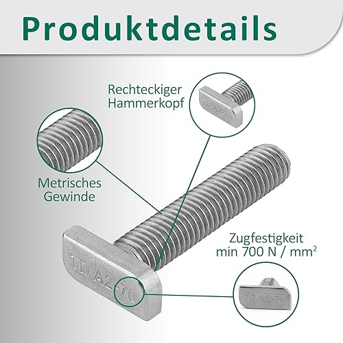 DSM - Viti a testa martello, M8 x 45 mm, in acciaio inox A2-70, antiruggine, tipo 28/15, per guide di montaggio, fotovoltaico, pannelli solari, supporti PV, profili C, montaggio solare e serre, 100 - Honorern