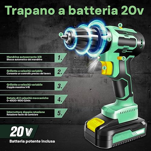 Set Trapano Avvitatore a Percussione 20V con 13 Accessori - 2 Velocità, Batteria 2Ah, Mirino LED - Ideale per Fai Da Te e Lavori Professionali - Honorern