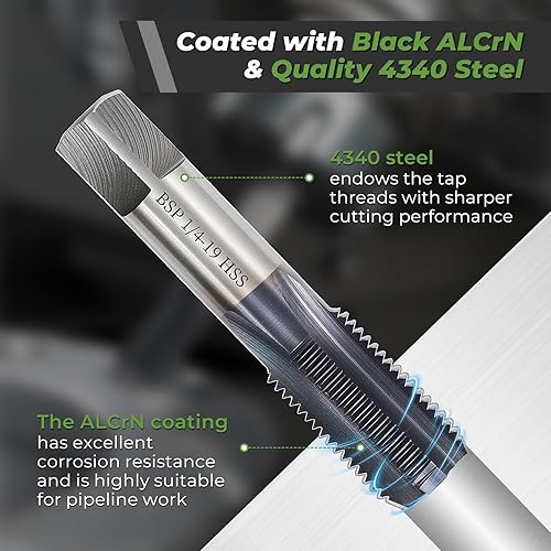 Set di 5 maschi per tubi BSP, filettatore in acciaio 4340 con rivestimento ALCRN, set di rubinetti BSP da 1/8-3/4', set di rubinetti idraulici per filettature accurate, idraulici assortiti - Honorern