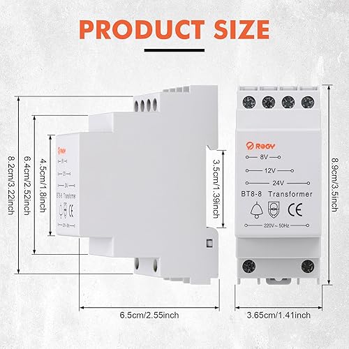 Trasformatore 220V 12V, Alimentatore 24V Per Campanelli, Alimentatore 12V Per DIN Rail, Trasformatore 12V, Tensione Primario 230V, Tensione Secondario 8V 12V 24V, Potenza 8VA, Bianco - Honorern