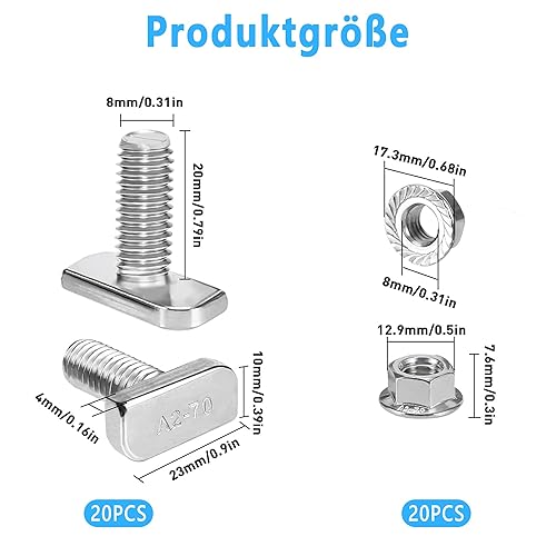 Dadi flangiati a testa martello, M8 x 20 mm, 20 viti a testa martello, in acciaio inox, con dadi flangiati per supporto per pannello solare, profilo in alluminio fotovoltaico - Honorern