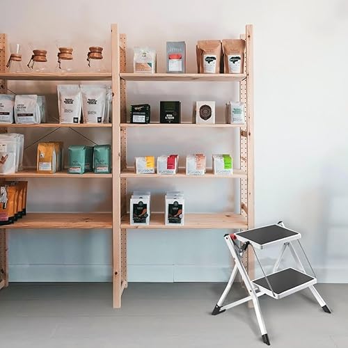 MSV, Sgabello a 2 gradini, Pieghevole, Sgabello leggero, Acciaio, Max 150 kg, Rivestimento antiscivolo dei gradini, Piedini in gomma, Compatto, 48x37x57 cm, Nero - Honorern