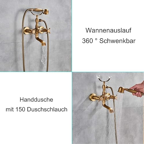 Rubinetto per vasca da bagno in stile retrò, con impugnatura a croce, doccetta e miscelatore a due manopole, in ottone anticato - Honorern