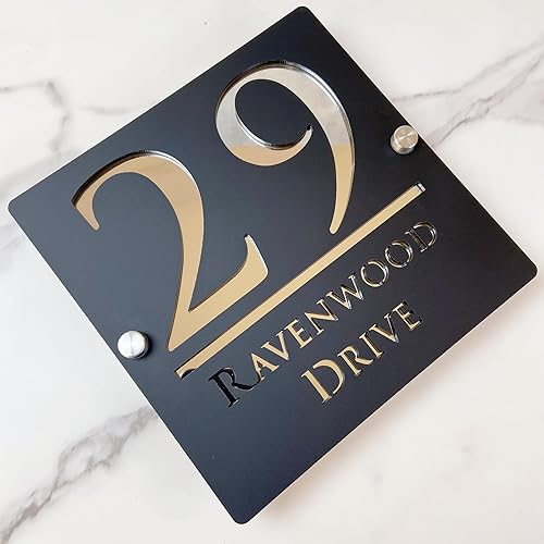 Cartello numero civico in argento nero cavo 3D acrilico personalizzato con nome di strada | Fonte moderna | Segnale indirizzo negozio piastra porta | Targhetta indirizzo personalizzata - Honorern