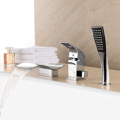 Rubinetti, miscelatore bordo vasca da bagno rubinetto a 3 fori montaggio cascata sistema doccia bagno con doccia a mano cromato montaggio vasca bagno bagno cucina lavabo pressurizzare - Honorern
