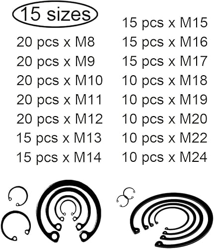 225 Pezzi Anello di Ritegno a Scatto Assortimento di Anelli Di Sicurezza Anelli di Sicurezza Interni di Tipo C Clip di Sicurezza a Scatto Anelli di Ritenuta Interni Anello Elastico C-Clips - Honorern