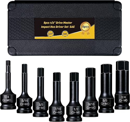 PGROUP Set di 8 pezzi di bussole a impatto Allen da 1/2 pollice, chiave esagonale SAE da 1/4' a 3/4', in acciaio Cr-Mo di alta qualità con custodia resistente - Honorern