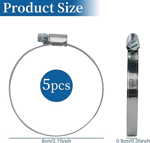 5 fascette stringitubo regolabili, fascette stringitubo in acciaio inox per tubo di scarico, ventilazione, tubi flessibili (60-80 mm) - Honorern