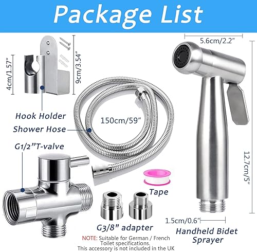 Doccetta Bidet a Mano, Doccetta in acciaio inox per WC, con incluso Adattatore a T, Tubo da 1.5M e staffa di supporto, ideale per l'igiene personale quotidiana (B) - Honorern