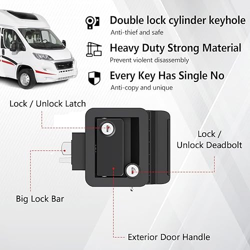 Serratura Porta, Serratura di Ingresso per Camper, Serratura per Porta D'ingresso per Roulotte per Camper per Porta con Chiusura a Paletta con Chiavi per rimorchio per auto camper, Nero - Honorern