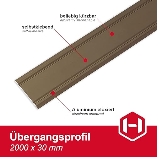 Gedotec Adesivo SUPER-FLACH per profili in alluminio | 2000 x 30 mm | Profilo per pavimento in Alluminio anodizzato ottone | striscia di copertura non perforata | davanzale da incollare - 1 pezzo - Honorern