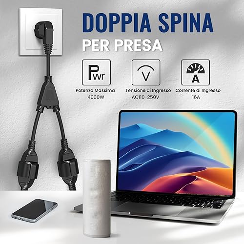 Luxvista Doppia Spina per Presa 2-Slot Presa Multipla con Cavo Flessibile 2 in 1 Schuko Cavo di Estensione Breve IP20 Grado di Protezione per Interni ed Esterni, 16A/250V/4000W, Nero - Honorern