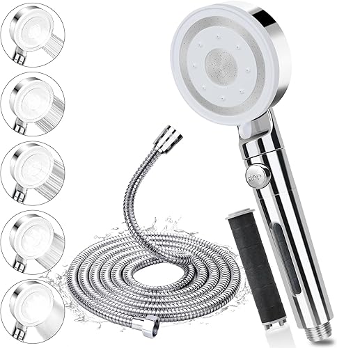 Soffione Doccia, Doccia Soffione Alta Pressione con Tubo 2m, Doccino per Doccia Anticalcare Grande con 5 Tipi di Getto e Pulsante Arresto, Telefono Doccia Universale con Filtro - Argento/Cromo - Honorern