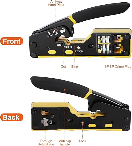 Pinza Crimpatrice RJ45/RJ11 Passante per Connettori, Strumento Ethernet CAT5/CAT6 con Tester Cavi di Rete e 50 Connettori Cat6 e Coperture - Honorern