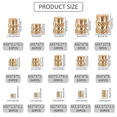 Inserti Filettati M2 M2.5 M3 M4 M5 M6 Inserto Filettato Dado a Inserto Dadi Zigrinati in Ottone per Parti in Plastica di Stampante 3D 300 Pezzi - Honorern
