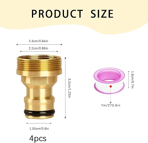 4 Pezzi Adattatore per Rubinetto con Nastro Sigillante PTFE Set, Connettori Universali per Rubinetto in Ottone, Universale Adattatore per Tubo per Cucina, Bagno, Giardino (Oro) - Honorern