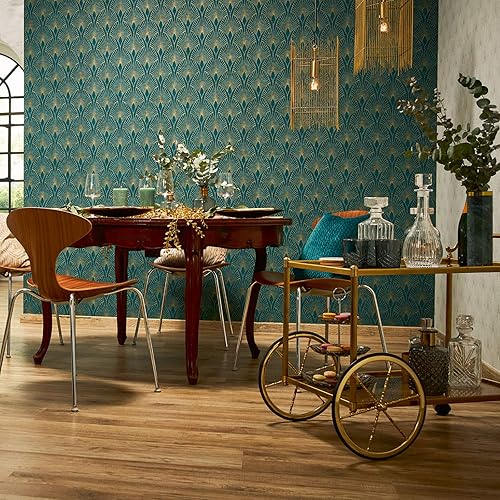 Carta da parati tnt (tessuto non tessuto) art déco Art déco carta da parati Azurro Verde Argento 374275 37427-5 A.S. Création New Walls | Azurro/Verde/Argento | Rotolo (10,05 x 0,53 m) = 5,33 m² - Honorern