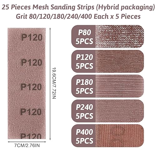 Set di 25 fogli di carta vetrata, 70 x 198 mm, per Mirka, carta vetrata per levigatrice manuale con aspirazione, lucidatura senza polvere, carta vetrata per legno, vernice e metallo, grana 80, 120, - Honorern