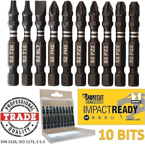 10 x SabreCut SCPC50_10 50 mm PZ2 PZ3 PH2 PH3 SL7 T15 T20 Set di punte per cacciavite a percussione a punta singola Pozidriv POZI Phillips n. 2 n. 3 Torx 15 20 per impieghi gravosi con custodia - Honorern
