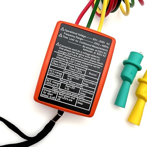 Misuratore di Sequenza Trifase con Display LED Buzzer Tester - Tester Rotazione Fase AC 60V a 600V con Morsetti a Coccodrillo - Honorern