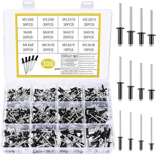 300 Pz Rivetti a Strappo, m3.2 m4 m4.8 Rivetti Ciechi in Acciaio al Carbonio, Rivetto Cieco a Testa, Rivetti Flangiati, Rivetti a Vite, Rivetti Ciechi a Flangia con Mandrino per Metallo Legno Plastica - Honorern