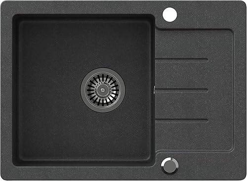 Lavello singolo da incasso, da 60 x 44 cm, in granito composito puntiforme, reversibile, con sifone, Grigio - Honorern