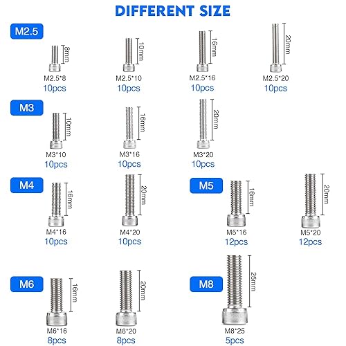 135pcs Set di Viti a Esagono Incassato M2.5 M3 M4 M5 M6 M8 Viti Brugola in Acciaio Inossidabile 304 Viti a Testa Bombata, con Scatola - Honorern
