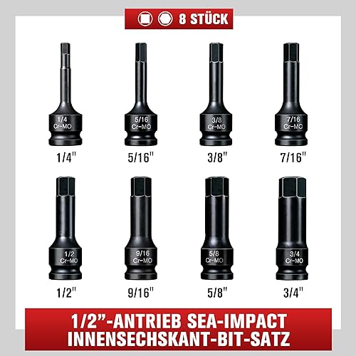 PGROUP Set di 8 pezzi di bussole a impatto Allen da 1/2 pollice, chiave esagonale SAE da 1/4' a 3/4', in acciaio Cr-Mo di alta qualità con custodia resistente - Honorern