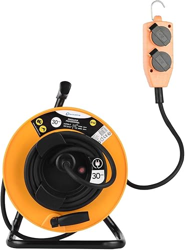 Electraline 49211 Avvolgicavo con Prolunga Elettrica di Cavo in Gomma e Multipresa 4 Prese Schuko, con Tamburo Fisso, 3G1,5, 30 Metri, Impermeabile Ip44, Giallo/Nero - Honorern