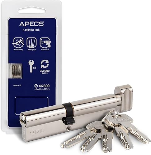 APECS Cilindro per serratura della porta d'ingresso con 5 chiavi, Cilindro a pomolo, Argento, Moderno - Honorern
