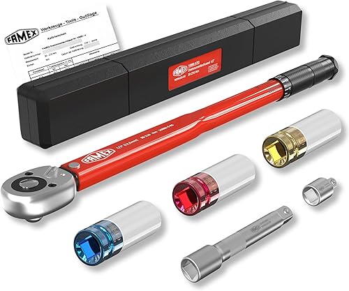 FAMEX 10886-3-RS - Chiave dinamometrica 1/2' (12,5 mm) 30-210 Nm, con prolunga 3 bussole/inserti per cerchioni in alluminio, per auto, moto, SUV Van - Honorern