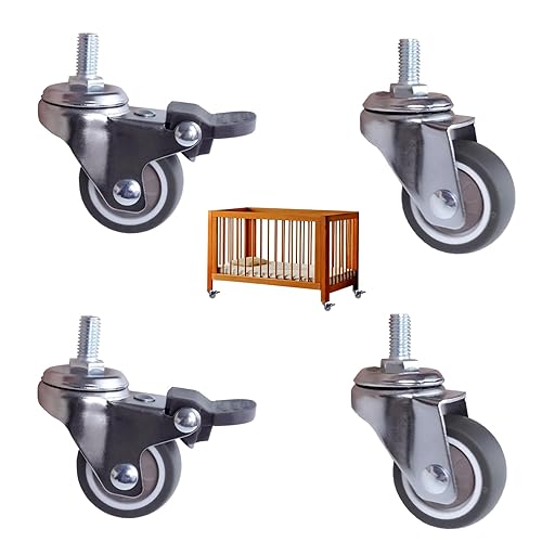 4 Pezzi Ruota Girevole con Perno Filettato M8, Ruote 360°Girevoli in Gomma, Rotelle per Mobili Pivotanti con Viti, 2 con Freni + 2 Senza Freni per Mobili Interno ed Esterno (M8 X 15 mm, Capacità 40kg) - Honorern