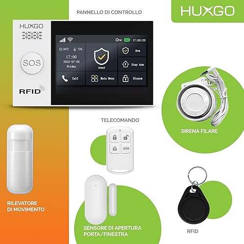 HUXGO® HXA007 Sistema di allarme casa senza fili con Radio Sirena solare WiFi + GSM 4G LTE | Impianto allarme casa kit con 1x sensori di allarme per finestre/portes, 3x rilevatori di movimento - Honorern