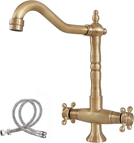 NIUKOMY Rubinetto Lavello Cucina in Ottone Antico, Retrò Miscelatore Lavabo Bagno Alto in Bronzo, Girevole a 360° Rubinetti Cucina Nostalgia a Due Maniglie - Honorern