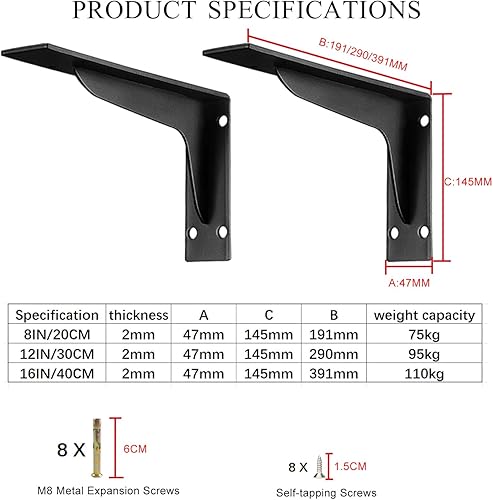 Staffe per Mensole Pesanti, Cerniere A 90 Gradi, Reggi Mensola Da Muro,Nero 20cm/30cm/40cm (16IN/40CM-2pcs) - Honorern