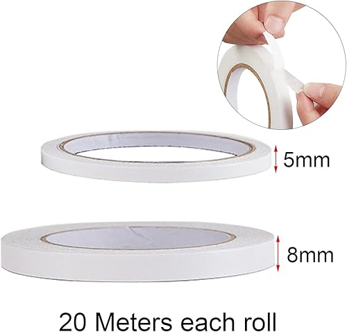 Nastro Autoadesivo 2 Rolls Biadesivo per Cucito, Nastro Adesivo A Strappo, Multifunzione Nastro Biadesivo, 5 mm x 20m + 8 mm x 20m, per Zanzariere, Finestre, Cornici per Foto, Tappetini Auto - Honorern