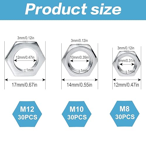 90 dadi esagonali M8 M10 M12, filettatura fine, set di dadi esagonali piatti, zincati, per bagno, cucina, mobili lampade (argento) - Honorern