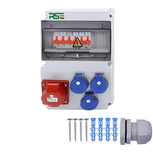 RSE Distributore di corrente da parete, completamente cablato, 4 circuiti, 128 A, 230 V, IP65, 210 x 122 x 210 mm, CEE Bals, Schuko, LS, RSE-001739 - Honorern