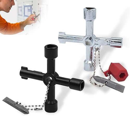 4in1 Chiave di Utility Chiave a 4 vie, 2 Pezzi Chiavi a Croce, Chiave Multifunzione in Metallo per Contatore Acqua, Cassetta Gas, Armadio Utenze, Quadro Elettrico, Ascensori (Argento, Nero) - Honorern
