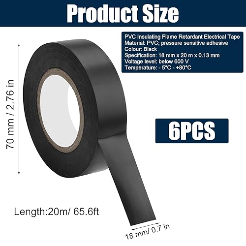6 Rotoli Nastro Isolante Nero,18 mm x 20 m Nastro Isolante Elettricista,Nastro Isolante Impermeabile per Elettricisti,Nastro Isolante Elettrico,600 V,Nastro Isolante per Manutenzione Elettrica - Honorern