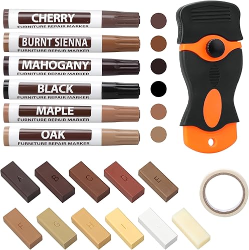 Kit riparazione mobili in legno,20 pezzi set di riparazione per parquet in legno,11 colori per mastice per legno laminato,pennarelli per ritocchi,Ripristina eventuali graffi crepe fori per pavimenti - Honorern